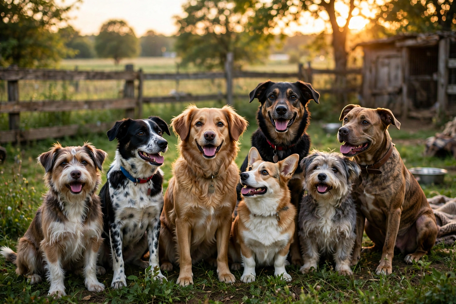 Happy rescue dogs at Wolfpack Rescue at sunset
